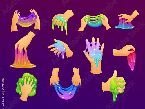 Funny colorful homemade slimes holding in the hand.