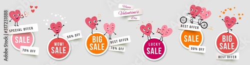 Valentines day sale set round banners, paper cut stickers with funny characters animated hearts. Collection of vector elements for holiday promotions and discounts