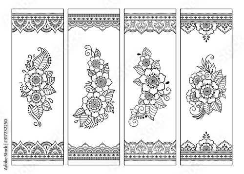 Bookmark for book - coloring. Set of black and white labels with floral doodle patterns, hand draw in mehndi style. Sketch of ornaments for creativity of children and adults with colored pencils.