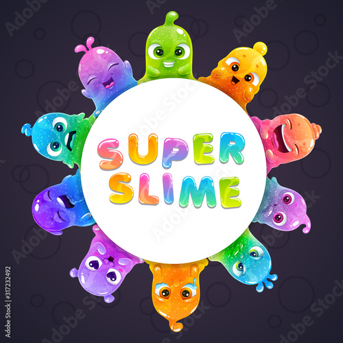 Funny slime frame with cute cartoon slimy characters.