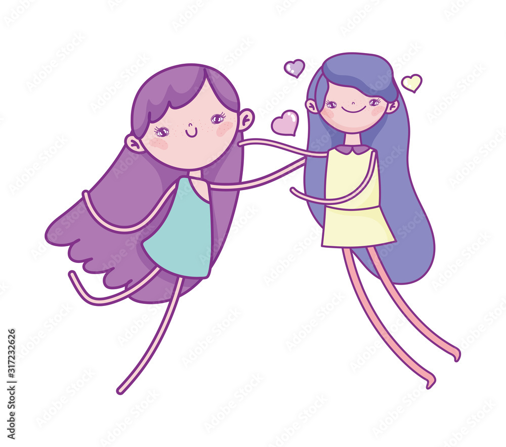 happy valentines day, cute girl and female cupid celebrating love happy valentines day, cute girl and female cupid celebrating love