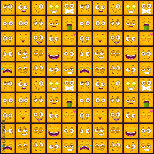 Cute comic seamless pattern with funny yellow square faces on the dark background.