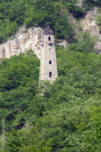 Medieval watch tower on the bank of Argun River. Chechnya  Chechen Republic   Russia  Caucasus.