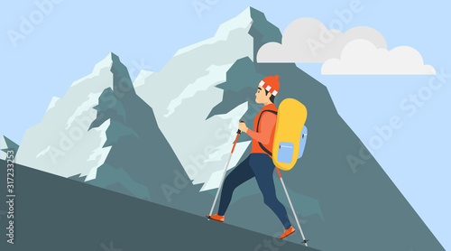 Climbing to the top. A male climber climbs a mountain. The path to the top. Career. Vector illustration.