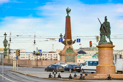 Trinity bridge and obelisks on  Bridge in day time. Saint Petersburg. Russia. photo