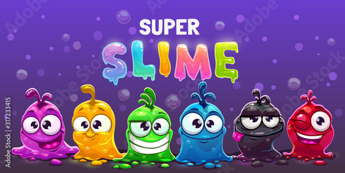 Super slime horizontal banner. Funny cute cartoon alien slimy characters.