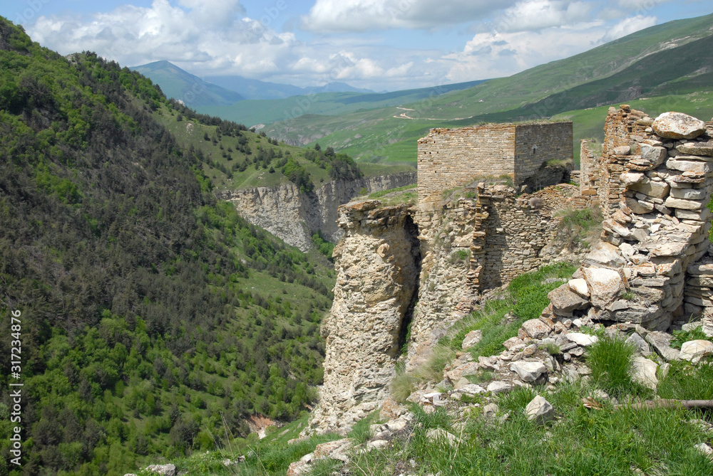 Ruins of old abandoned Khoy vallage which located on the bank of Ahkhete river. Chechnya (Chechen Republic), Russia, Caucasus.