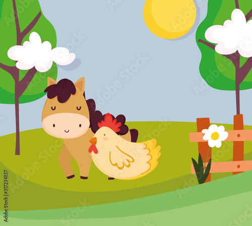 horse and hen wooden fence flowers trees farm animal cartoon
