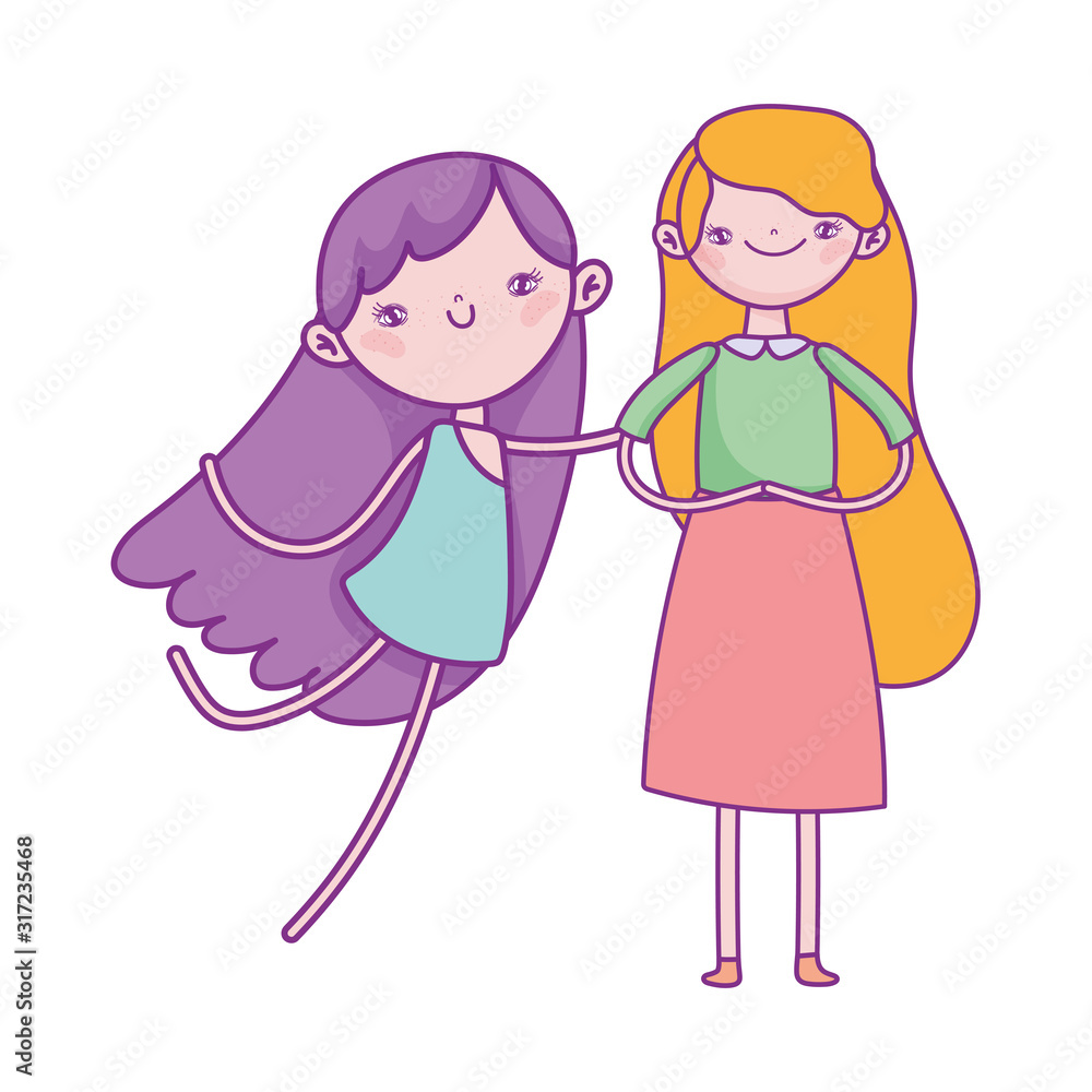 happy valentines day, cute young woman and cupid love cartoon happy valentines day, cute young woman and cupid love cartoon