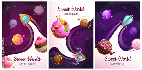 Sweet world posters set. Food planets on the space background.