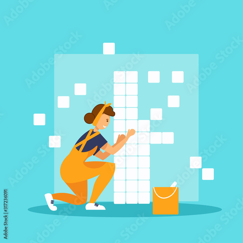 Laying tiles. Worker woman installing ceramic tiles on bathroom wall. Flat vector illustration.