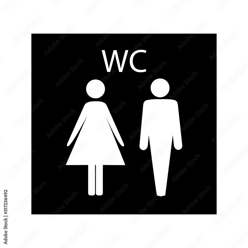 White silhouette men and women icon in black rectangle. Sign restroom women  and men. Icon public toilette and bathroom for hygiene. Template for  poster, sign. Flat vector image. Vector illustration. Stock Vector