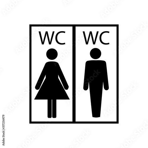 Black silhouette men and women icon in white rectangle. Sign restroom women and men. Icon public toilette and bathroom for hygiene. Template for poster, sign. Flat vector image. Vector illustration.