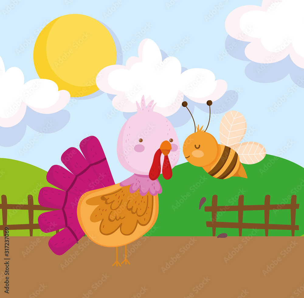 turkey and bee wooden fence grass sun farm animal cartoon