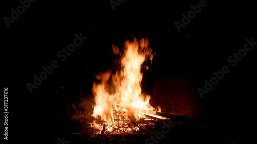 Bonfire flames of camping fire, stock video. 4k