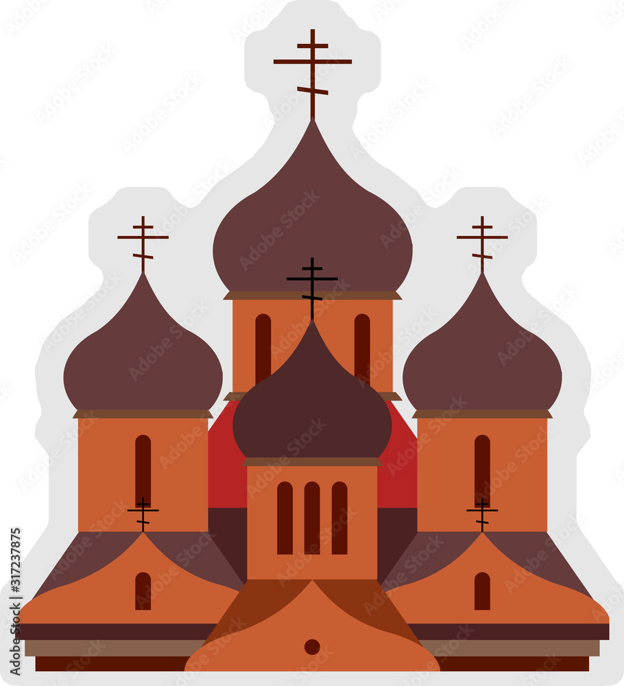Orthodox Church. Vector. The building of the church in a classic style. Church of red brick with copper domes in the form of Lukovic. Orthodox eight-pointed crosses. A symbol of the Russian church.