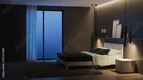 Modern house interior. Bedroom with dark walls and bright furniture. Night. Evening lighting. 3D rendering.