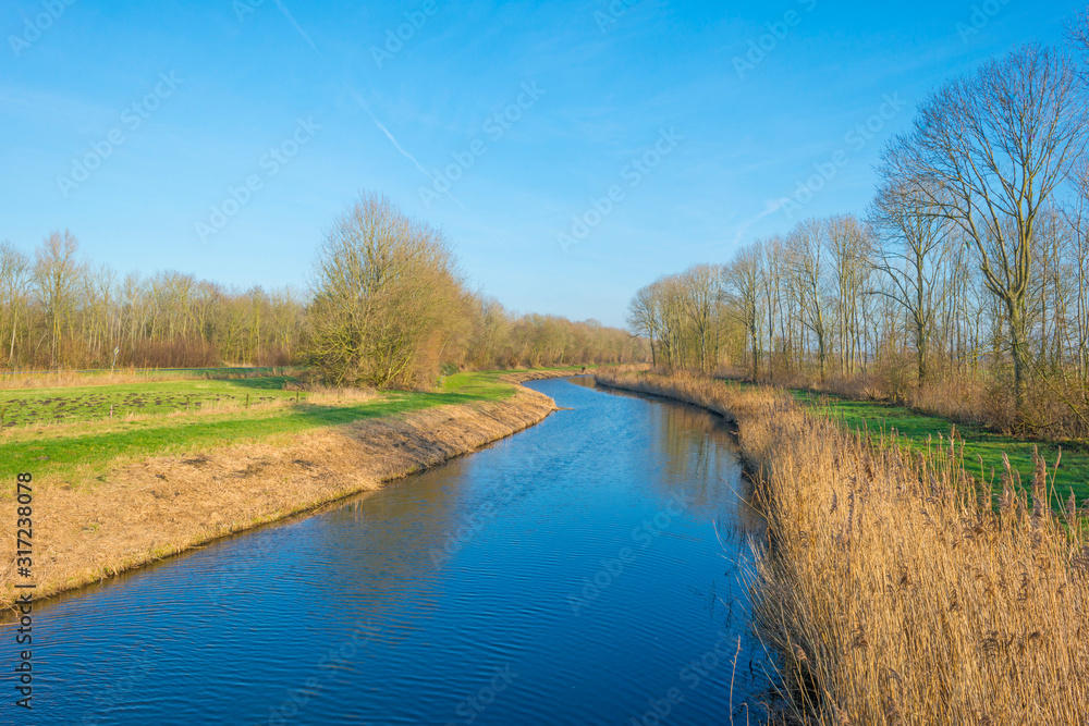 Canal in a rural landscape in sunlight below a blue sky in winter Canal in a rural landscape in sunlight below a blue sky in winter