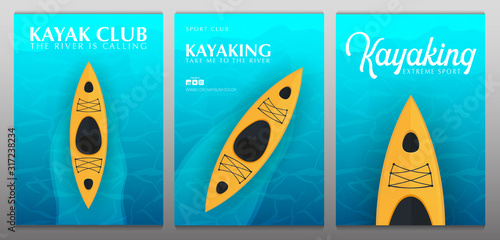 Set of Kayaking banners with top view on the yellow kayak. Summer Sea activities.