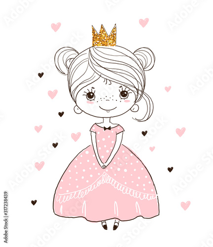 Little princess in a crown and a beautiful dress. Fairytale girl. Poster for the nursery, postcard, invitation. Cartoon sketch, vector illustration