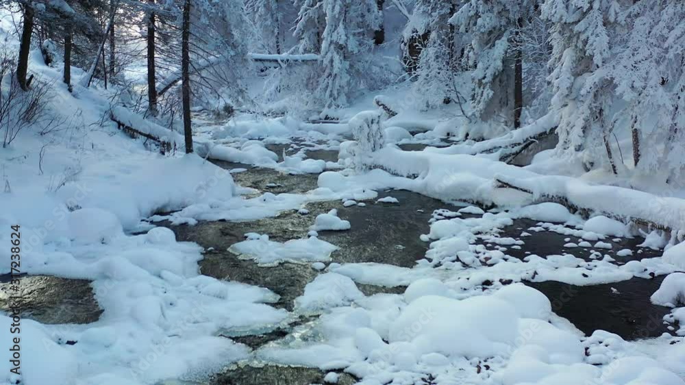Aerial Video of frozen forest river Pescherka near waterfall in winter season