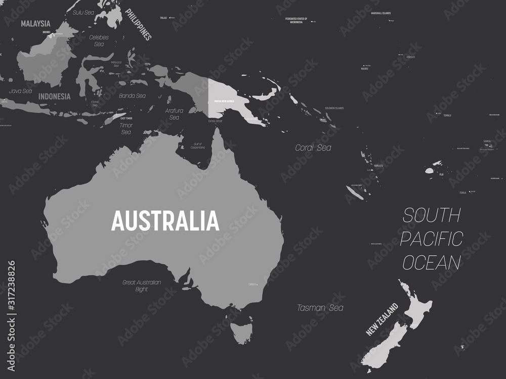 Australia and Oceania map - grey colored on dark background. High detailed political map of australian and pacific region with country, capital, ocean and sea names labeling