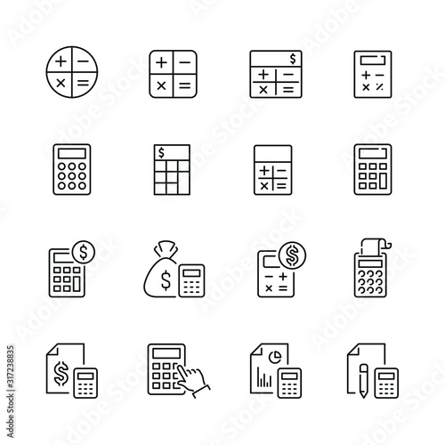 Calculation related icons: thin vector icon set, black and white kit