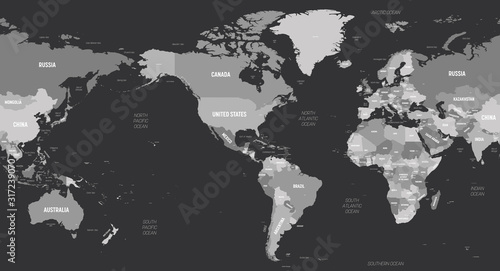 World map - America centered. Grey colored on dark background. High detailed political map of World with country, capital, ocean and sea names labeling