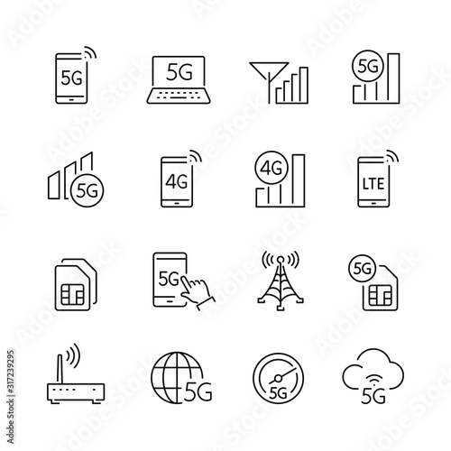 G networks related icons: thin vector icon set, black and white kit