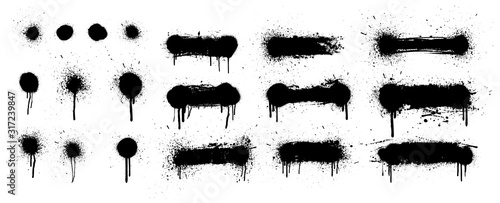 Spray painted lines and grunge dots. Graffiti stencil template. Isolated collection. Paint splatter circle shapes and dirty street art texture. Black dot print and splattered line. Vector set