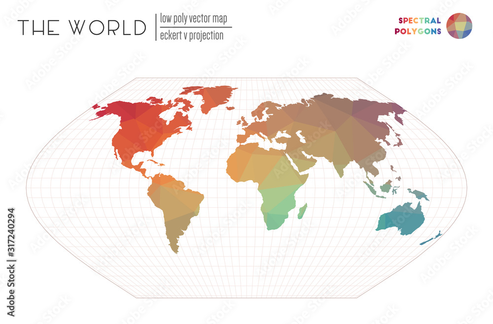 Fototapeta premium Low poly design of the world. Eckert V projection of the world. Spectral colored polygons. Elegant vector illustration.