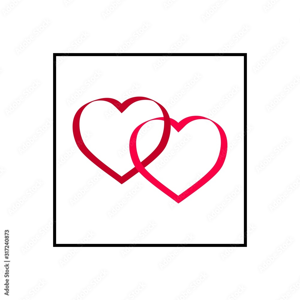 Two red heart in square. Sign on white background. Romantic symbol linked, love, passion and wedding. Template for t shirt, apparel, card, poster. Design element of valentine day. Vector illustration. Two red heart in square. Sign on white background. Romantic symbol linked, love, passion and wedding. Template for t shirt, apparel, card, poster. Design element of valentine day. Vector illustration.