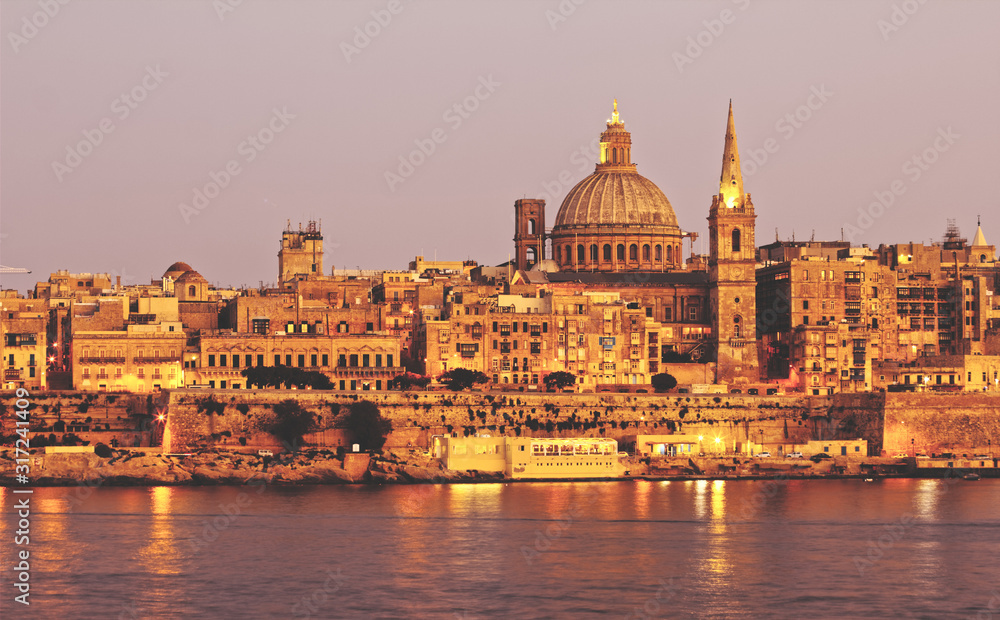 Valletta Malta cityscape at sunset