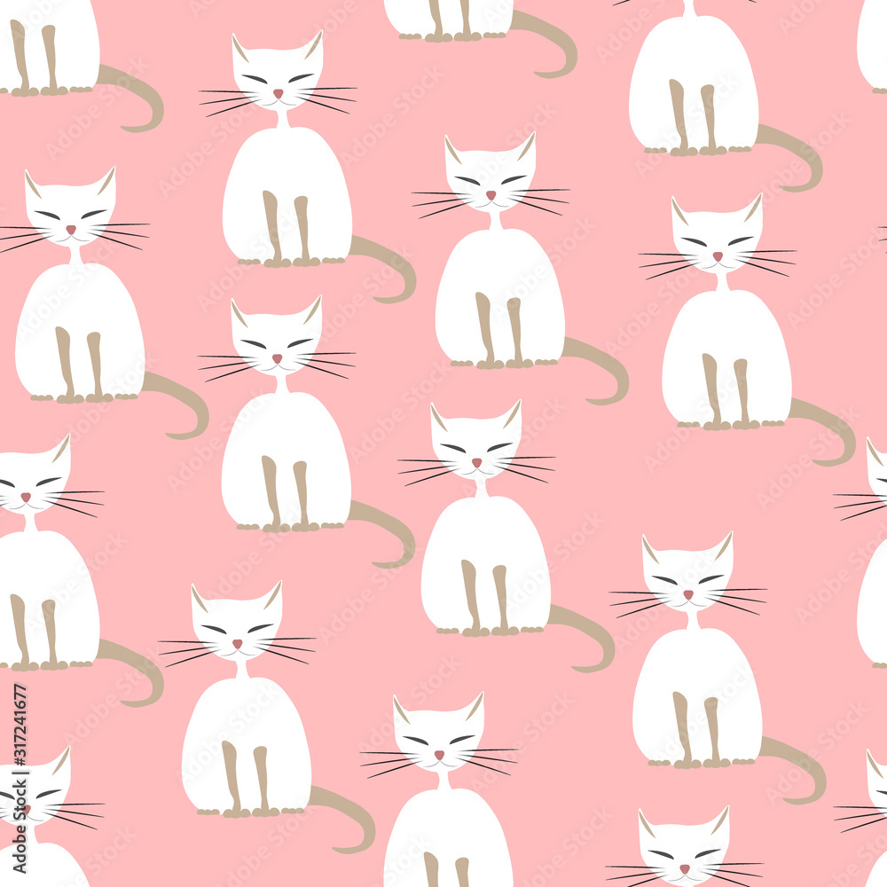 seamless pattern. many drawn white color thick cats with eyes closed sphynx breed on a pink background