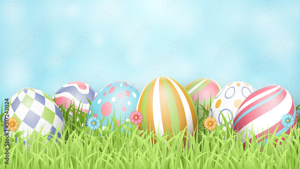 Happy Easter background with realistic Easter eggs. Vector illustration