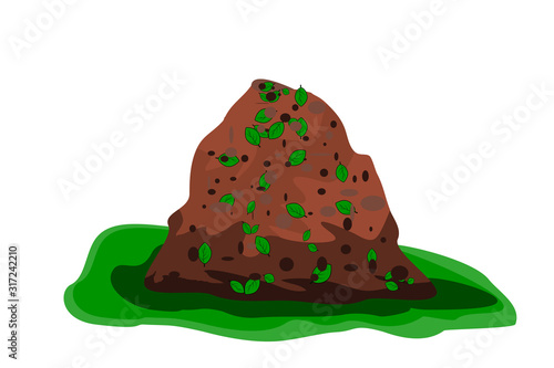 Pile of soil isolated on white background. Heap of earth, organic fertilizer, compost. Hill of brown substrate. Ground with organic garbage. Zero waste. Colored flat icon, cartoon design. Stock vector