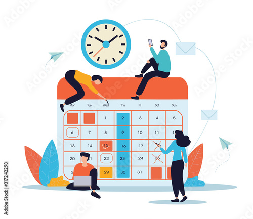 Teamwork and planning concept with businesspeople performing various activities around a monthly calendar below a wall clock for business agendas and schedules, vector illustration