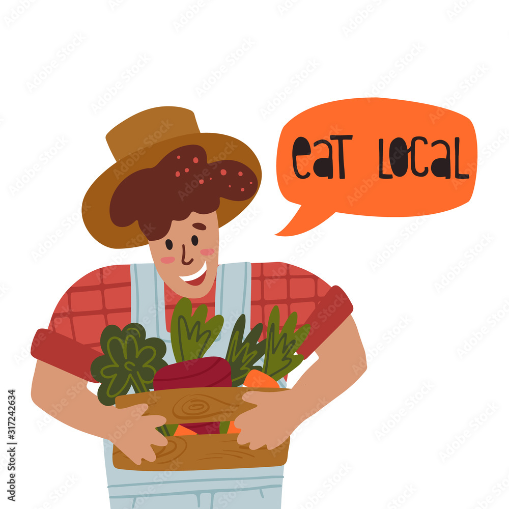 Eat local fun hand drawn lettering in speech cloud and happy farmer holds wood crate of fresh vegetables. Healthy eating and go green concept. Flat vector illustration on isolated background. Eat local fun hand drawn lettering in speech cloud and happy farmer holds wood crate of fresh vegetables. Healthy eating and go green concept. Flat vector illustration on isolated background.