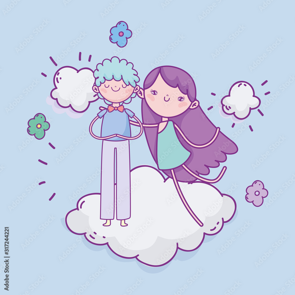 happy valentines day, cute boy and cupid standing on cloud flowers romantic happy valentines day, cute boy and cupid standing on cloud flowers romantic
