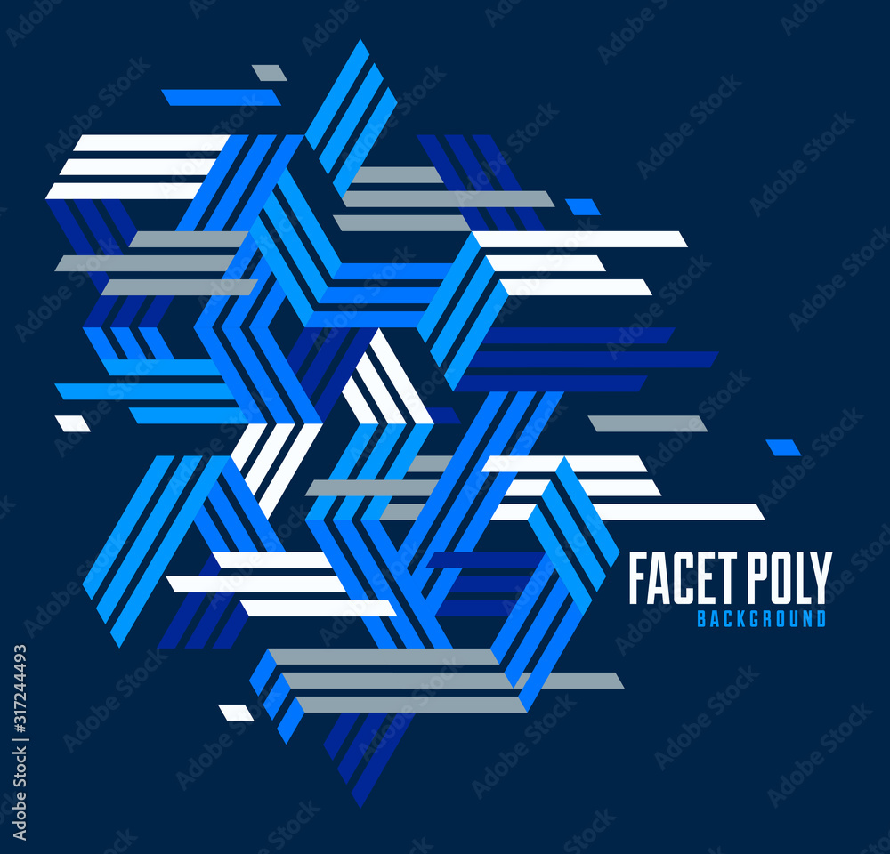 Naklejka Line design 3D cubes and triangles abstract background, polygonal low poly isometric retro style template. Stripy graphic element isolated. Template for poster or banner, cover or ad.