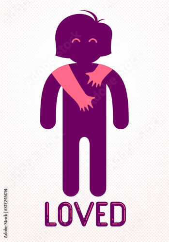 Beloved woman with care hands of a lover man hugging and caresses her shoulders, vector icon logo or illustration in simplistic symbolic style.