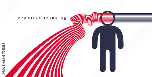 Creative mind brain vector concept in flat trendy design style, stripes goes out of man head symbolizes creative ideas and thinking, artist designer or writer author.