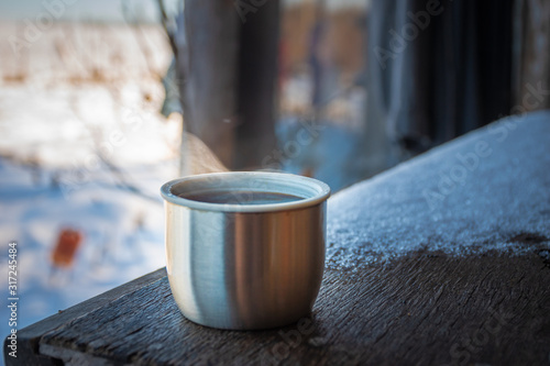 morning coffee in winter in nature