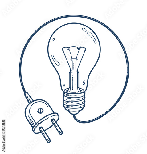 Light bulb idea with electric plug vector simple linear icon, lightbulb science and business line art symbol, creative solutions.