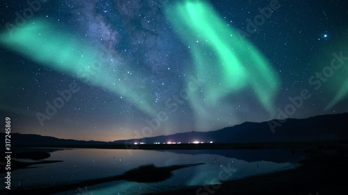 Aurora Borealis Milky Way Galaxy Reflections on Lake Simulated Nothern Lights  photo