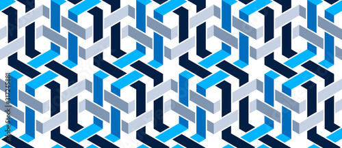 Stripy mesh weaving cubes seamless pattern, 3D abstract vector background for wallpapers, op art dimensional optical illusion design.