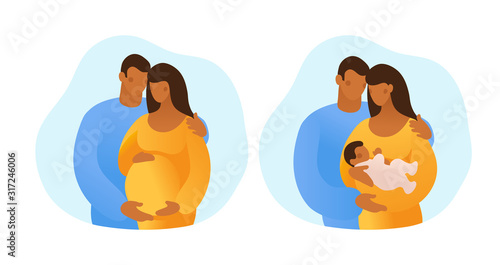Black pregnant couple. African husband and wife with a child. Married couple with a newborn on a sky background. Flat vector illustration isolated on white