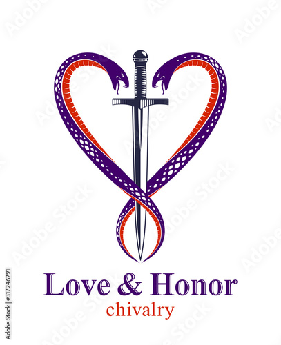 Dagger and two snakes in a shape of heart vector vintage style emblem or logo, chivalry love and honor concept, medieval Victorian style.