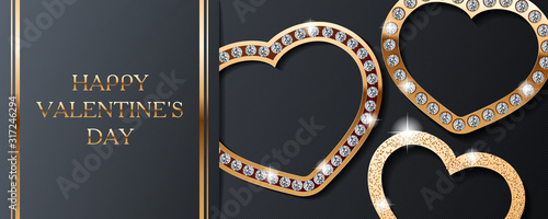 Luxury Valentines day vector golden and diamond hearts on black striped background. Cute card, banner, flyer, poster, voucher or greeting card template.