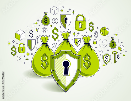 Shield over money bags, savings insurance, safe business, financial protection concept, investments credits and deposit banking idea, vector design.